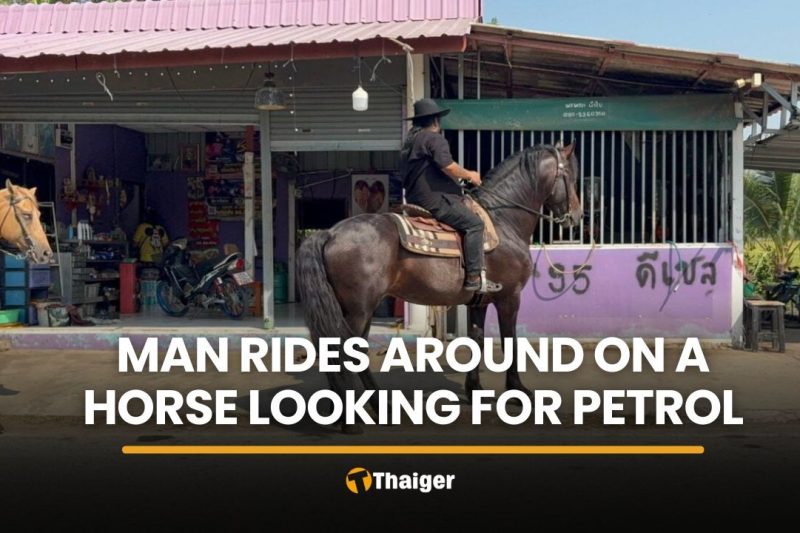 Ang Thong man rides horse through village in search of petrol