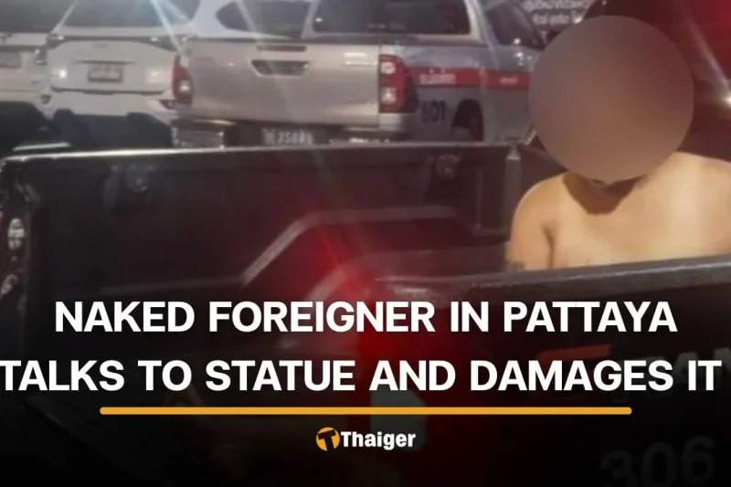 Naked foreigner talks to statue before breaking it and injuring himself
